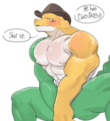  1boy abs bara bare_pectorals biceps blush commentary covering_crotch covering_privates crocodile_boy crocodilian_tail english_commentary english_text furry furry_male goodboymono gummigoo highres looking_to_the_side male_focus muscular muscular_male nipples pectorals speech_bubble sweatdrop tail the_amazing_digital_circus white_background 