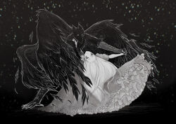  1boy 1girl absurdres animal_ears beak bird_boy bird_ears black_feathers black_wings blurry blurry_background closed_eyes commentary dagger dancing dress english_commentary falling_feathers feathered_wings feathers frilled_dress frills full_body glowing glowing_eyes gown greyscale grin hand_on_another&#039;s_chest happily_ever_after_(slay_the_princess) head_back hetero highres holding_hands jewelry knife lavb-b light_blush long_dress long_hair looking_at_another looking_down makeup mascara monochrome multiple_wings necklace night outstretched_arm oversized_wings princess princess_(slay_the_princess) puffy_short_sleeves puffy_sleeves runny_makeup short_sleeves slay_the_princess smile star_(sky) talons the_hero_(slay_the_princess) weapon white_eyes wings 