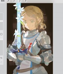  1girl armor armored_gloves art_program_in_frame braid breastplate closed_mouth crown_braid green_eyes hair_ornament hair_tie hairclip highres holding holding_sword holding_weapon knight low_ponytail master_sword nintendo onlyjasontodd pauldrons pointy_ears ponytail princess_zelda short_hair shoulder_armor sketch smile solo sword the_legend_of_zelda the_legend_of_zelda:_breath_of_the_wild upper_body weapon 