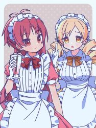  2girls absurdres apron blonde_hair drill_hair gloves high_ponytail highres index_finger_raised mahou_shoujo_madoka_magica maid_apron maid_headdress multiple_girls ponytail red_eyes red_hair ruru_(rurumagi) sakura_kyoko tomoe_mami twin_drills waist_apron white_apron white_gloves yellow_eyes 