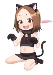 1girl :d animal_ear_fluff animal_ears animal_hands atg_(wttoo0202) bare_shoulders bell black_footwear black_gloves black_hairband black_shirt black_skirt blouse blush brown_eyes brown_hair cat_ears cat_tail cat_teaser child commentary_request crop_top fake_animal_ears fang female_focus flat_chest forehead full_body fur-trimmed_gloves fur-trimmed_skirt fur_trim gloves hairband highres jingle_bell karakai_jouzu_no_(moto)_takagi-san karakai_jouzu_no_takagi-san looking_at_viewer midriff navel nishikata_chii open_mouth parted_bangs paw_gloves paw_shoes shirt simple_background skirt sleeveless sleeveless_shirt smile solo tail white_background rating:Sensitive score:90 user:danbooru