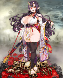  1girl asanagi balancing barefoot black_thighhighs blood blunt_bangs blunt_ends breasts bridal_gauntlets bright_pupils broken_horn choker cleavage clothing_cutout commentary_request covered_erect_nipples crossed_legs curvy demon_girl detached_sleeves earrings fangs fingerless_gloves fingernails floral_print flower full_body gloves groin has_a_figure highres hime_cut hinomoto_oniko hoop_earrings horn_ornament horns huge_breasts japanese_clothes jewelry kanoko_(pattern) katana kimono long_fingernails long_hair magatama meme mole mole_under_eye navel navel_cutout no_panties o-ring o-ring_top obi obiage obijime oni oni_horns open_mouth original outdoors pelvic_curtain pointy_ears purple_hair red_eyes red_ribbon revealing_clothes ribbon ribbon-trimmed_legwear ribbon-trimmed_sleeves ribbon_choker ribbon_trim sash shippou_(pattern) side_slit sidelocks skindentation skull sleeveless sleeveless_kimono slit_pupils smile solo standing stomach sword thick_thighs thighhighs thighs toeless_legwear very_long_hair watson_cross wavy_hair weapon wide_hips wide_sleeves 
