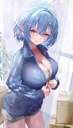  1girl absurdres ahoge blue_hair breasts furofuroppi heart heart_ahoge highres hololive jacket large_breasts looking_at_viewer medium_hair pointy_ears solo thighs track_jacket virtual_youtuber yellow_eyes yukihana_lamy  rating:Sensitive score:16 user:danbooru