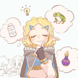  1boy 1girl blonde_hair blue_tunic blush braid breasts champion&#039;s_tunic_(zelda) closed_eyes closed_mouth cooking crown_braid frog glass gloves hair_ornament hairclip highres jar light_bulb link milk nintendo open_mouth pointy_ears princess_zelda short_hair sidelocks smile tetsu00127275 the_legend_of_zelda the_legend_of_zelda:_breath_of_the_wild the_legend_of_zelda:_tears_of_the_kingdom tunic 