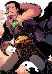  1boy absurdres ascot black_hair black_pants cigar clenched_teeth coat coat_on_shoulders commentary cowboy_shot crocodile_(one_piece) english_commentary fur-trimmed_coat fur_trim green_ascot hair_slicked_back highres hook_hand looking_to_the_side male_focus one_piece pants short_hair simple_background smoke solo teeth vakodraws white_background 