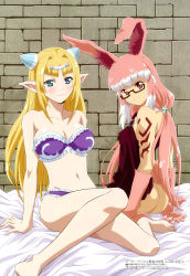 2girls absurdres animal_ear_fluff ass bra breasts cleavage elf fruitalia_eldoriel highres large_breasts looking_at_viewer magazine_scan medium_breasts megami_magazine mithlim monster_girl multiple_girls navel non-web_source official_art peter_grill_to_kenja_no_jikan pink_hair pointy_ears rabbit_tail scan thighs underwear rating:Questionable score:36 user:danbooru