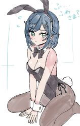  1girl absurdres animal_ears bare_arms between_legs black_bow black_bowtie black_hairband black_leotard black_pantyhose blue_hair blush bow bowtie breasts cleavage closed_mouth delicious_party_precure detached_collar fake_animal_ears fuwa_kokone green_eyes hair_ornament hairband hairclip hand_between_legs highres hiragizaka_aoi leotard long_hair medium_breasts pantyhose playboy_bunny precure rabbit_ears rabbit_tail shiny_skin sitting solo strapless strapless_leotard tail wariza white_wrist_cuffs wrist_cuffs 