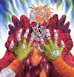  1990s_(style) 1boy :&gt; araizumi_rui body_horror creepy demon grin guro highres horror_(theme) looking_at_viewer monster mutation official_art open_mouth red_eyes retro_artstyle rezo_the_red_priest ruby_eye_shabranigdu simple_background skeleton skull slayers smile spikes surprised teeth traditional_media transformation ugly 