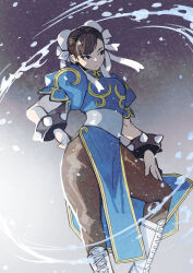  1girl absurdres blue_dress boots bracelet brown_eyes brown_hair brown_pantyhose bun_cover capcom china_dress chinese_clothes chun-li double_bun dress e-kaki earrings gradient_background grey_background hair_bun hair_pulled_back highres jewelry lace-up_boots pantyhose pelvic_curtain puffy_short_sleeves puffy_sleeves sash short_sleeves side_slit solo spiked_bracelet spikes street_fighter street_fighter_ii_(series) white_boots 