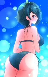  1girl aizawa_kazuha arched_back ass assault_lily asymmetrical_hair baichi_(ph4yvfsqyynkhnv) bare_arms bare_back bare_shoulders bikini blue_background blue_bikini blue_eyes blue_hair blush bow_hairband breasts closed_mouth commentary floral_print from_behind gradient_background green_hairband green_ribbon hair_ribbon hairband halterneck hands_up large_breasts light_particles looking_at_viewer looking_back medium_hair official_alternate_costume print_bikini profile ribbon shoulder_blades side-tie_bikini_bottom sideboob sideways_glance solo standing swimsuit symbol-only_commentary wavy_mouth 