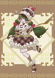  1girl blue_eyes breasts brown_background brown_dress brown_dust_(series) brown_dust_2 cake_hat chinese_clothes detached_sleeves dress flying_sweatdrops food food-themed_clothes fork fruit full_body green_hair green_socks hair_ribbon hat high_heels highres holding holding_fork long_hair looking_at_viewer lydia_(brown_dust) meander open_mouth oversized_object red_ribbon ribbon sleeveless sleeveless_dress small_breasts socks solo standing standing_on_one_leg stiletto_heels strawberry strawberry_slice tn_scallion top_hat twintails two-tone_dress very_long_hair wavy_mouth white_dress 