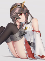 1girl ass bare_shoulders black_hair black_thighhighs closed_mouth detached_sleeves frilled_skirt frills hair_between_eyes hair_ornament hairband hairclip haruna_(kancolle) haruna_kai_ni_(kancolle) headgear highres japanese_clothes kantai_collection long_hair nontraditional_miko pleated_skirt porupurucha red_eyes red_skirt ribbon-trimmed_sleeves ribbon_trim simple_background sitting skirt smile solo thighhighs white_background white_sleeves wide_sleeves rating:Sensitive score:4 user:danbooru