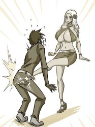  1boy 1girl ball_busting bikini bikini_top_only crotch_kick ocigart sandals x-ray 
