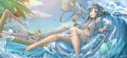  3girls absurdres airborne akimurasaki animal_ears arknights barefoot bikini black_hair black_one-piece_swimsuit blue_eyes blue_jacket blue_sky bracelet breasts day hair_ornament hairclip highres holding holding_megaphone id_card infection_monitor_(arknights) inflatable_toy innertube jacket jewelry jumping la_pluma_(arknights) la_pluma_(summer_flowers)_(arknights) long_hair medium_breasts megaphone multiple_girls official_alternate_costume one-piece_swimsuit open_clothes open_jacket outdoors palm_tree projekt_red_(arknights) projekt_red_(light_breeze)_(arknights) red_jacket short_hair signature sky solo_focus sora_(arknights) sora_(summer_flowers)_(arknights) swim_ring swimsuit tree twintails water water_volleyball waves white_bikini wolf_ears wolf_girl x_hair_ornament 