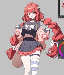  1girl black_choker black_sailor_collar black_skirt bow breasts cardigan choker green_eyes long_hair looking_at_viewer pink_cardigan red_hair sailor_collar skirt smile solo sphere_hair_ornament taiyaki12 thighhighs ukinami_yuzuha white_bow zenless_zone_zero 