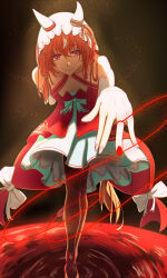  1girl 3year_etarou animal_ears bare_shoulders bow closed_mouth collarbone dress ear_ribbon hair_over_shoulder hand_up highres horse_ears horse_girl long_hair low-tied_long_hair low_ponytail multicolored_hair nail_polish off-shoulder_dress off_shoulder ponytail reaching reaching_towards_viewer red_dress red_eyes red_hair red_nails red_ribbon red_shoes ribbon shoes smile solo still_in_love_(umamusume) streaked_hair string string_around_finger string_of_fate two-tone_dress umamusume veil very_long_hair white_bow white_dress white_hair white_veil 