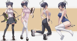  1girl :t @_@ absurdres alternate_costume arm_at_side arm_support ass back bare_arms bare_shoulders black_hair black_jacket black_pants black_shoes black_skirt blue_archive blunt_bangs blush breasts chinese_commentary cleavage closed_mouth collarbone commentary_request d: double_bun dress embarrassed froggy_(froggy_163) full_body garter_straps grey_eyes grey_halo gym_uniform hair_bun halo hand_on_own_hip hand_up hands_on_own_hips hat highres hip_vent holding holding_notebook jacket jacket_partially_removed kisaki_(blue_archive) kneeling knees_together_feet_apart long_hair long_sleeves looking_at_viewer looking_down mary_janes medium_breasts midriff miniskirt multiple_views no_shoes notebook nurse nurse_cap open_clothes open_jacket open_mouth outline pants pink_dress pleated_skirt pout ribbed_sweater shoes short_dress short_sleeves simple_background sitting skirt sleeveless sleeveless_sweater smile soles sports_bra standing sweater thighhighs tsurime twintails twitter_username two-tone_background v_arms very_long_hair white_hat white_outline white_shoes white_sports_bra white_sweater white_thighhighs yellow_background yokozuwari zettai_ryouiki 