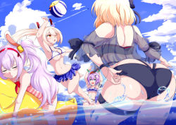  4girls adapted_costume adjusting_clothes adjusting_swimsuit afloat alternate_costume animal_ears ass ayanami_(azur_lane) azur_lane ball bare_shoulders bikini bikini_top_only black_bikini blonde_hair blue_bikini blue_sky butt_crack closed_eyes clothing_cutout cloud cloudy_sky cross_hair_ornament fake_animal_ears flat_chest flower frilled_bikini frills green_eyes hair_between_eyes hair_flower hair_ornament hairband halterneck headgear high_ponytail javelin_(azur_lane) javelin_(beach_picnic!)_(azur_lane) jumping kamitsuki_shion laffey_(azur_lane) light_purple_hair long_hair manjuu_(azur_lane) medium_hair microskirt multiple_girls official_alternate_costume one-piece_swimsuit orange_eyes partially_submerged partially_underwater_shot pleated_skirt ponytail purple_hair purple_skirt rabbit_ears red_flower red_hairband sakura_empire_(emblem) see-through_clothes see-through_shirt shirt shoulder_cutout skirt sky sleeping standing striped_clothes striped_one-piece_swimsuit swimsuit thigh_strap twintails very_long_hair volleyball volleyball_(object) water water_volleyball z23_(azur_lane) z23_(breezy_doubles)_(azur_lane) 