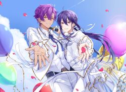  2boys :d ahoge alternate_costume alternate_hairstyle arched_back ascot balloon belt black_belt blue_gemstone blue_sky bow bowtie braid cloud coattails collared_jacket collared_shirt contrail cowboy_shot dark-skinned_male dark_skin double-parted_bangs dutch_angle earrings ensemble_stars! falling_petals floating_hair foreshortening french_braided_ponytail frilled_sleeves frills gem gold_trim grin hair_between_eyes hair_intakes hair_ribbon highres holding holding_sword holding_weapon jacket jewelry kanzaki_souma katana lens_flare light_blush long_hair looking_at_viewer low_ponytail male_focus multiple_boys nancy980216 neck_ribbon open_mouth otogari_adonis outstretched_arm pants petals ponytail purple_eyes purple_hair purple_ribbon reaching reaching_towards_viewer red_petals ribbon see-through_clothes sheath sheathed shirt short_hair side_braid sidelocks silver_ring sky sleeve_ribbon smile sword traditional_bowtie very_long_hair weapon white_ascot white_belt white_bow white_bowtie white_jacket white_pants white_ribbon white_shirt wing_collar yellow_eyes 