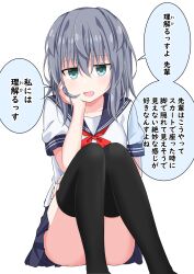  1girl absurdres aqua_eyes black_thighhighs commentary_request convenient_leg grey_hair hair_between_eyes highres kuromiya_sakana neckerchief original panties panty_peek pleated_skirt red_neckerchief school_uniform serafuku simple_background sitting skirt solo thighhighs translated underwear white_background 