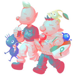  2boys alternate_costume bag baggy_pants big_nose black_eyes black_pants black_shirt black_shoes blonde_hair blue_pikmin blue_skin brown_hair casual character_print closed_eyes colored_skin creature creature_on_head cross_scar cup denim disposable_cup drinking_straw expressionless full_body hand_on_own_hip happy highres holding holding_creature holding_cup hood hood_down hoodie in_bag in_container jeans light_blush looking_ahead louie_(pikmin) meta multiple_boys nintendo no_mouth olimar open_mouth outstretched_arm pants pikmin_(creature) pikmin_(series) pocket pointy_ears pointy_nose purple_hair purple_pikmin purple_skin red_eyes red_pikmin red_skin rock_pikmin scar scar_on_face shirt shoes short_hair short_sleeves simple_background sitting_on_arm smile solid_circle_eyes sweatpants t-shirt triangle_mouth very_short_hair walking white_background white_hoodie white_pants white_pikmin white_skin winged_pikmin yellow_pikmin yellow_skin yu_pikmin 