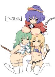  3girls absurdres arm_cuffs arms_behind_back bdsm blonde_hair blush bondage bound bound_arms breast_rest breasts breasts_on_head chain chained closed_eyes clothes_lift clothes_pull convenient_arm cuffs frog frog_hair_ornament green_hair hair_ornament hair_ribbon hat highres kneeling kochiya_sanae large_breasts leaf leaf_hair_ornament long_hair long_sleeves looking_at_viewer maple_leaf medium_breasts mirror moriya_suwako multiple_girls navel nipples no_panties open_mouth panties panty_pull purple_hair ramudia_(lamyun) red_eyes red_shirt restrained ribbon rope shackles shirt short_hair simple_background sitting small_breasts snake snake_hair_ornament tearing_up tears thighhighs touhou translation_request underwear wariza white_background white_panties white_thighhighs yasaka_kanako yellow_eyes yuri 