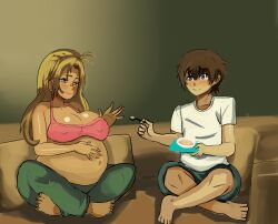 1boy 1girl adorable_face age_difference ahoge blonde_hair blue_eyes blush breasts daikiarts feeding feeding_bowl food hand_on_own_stomach happy highres huge_breasts jellyfish_(company) kamimura_akiko keisuke_(sisters) long_hair nipples older_woman_and_younger_man pregnant premature_ejaculation sisters_~natsu_no_saigo_no_hi~ sitting smile smiley_face step-incest stepmother stepmother_and_stepson virgin_male visible_through_clothes