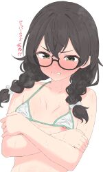  1girl absurdres alternate_costume angry bikini black_hair blush braid breasts cevio clenched_teeth closed_mouth collarbone commentary covering_breasts covering_privates crossed_arms embarrassed glaring glasses green_eyes hanakuma_chifuyu highres looking_at_viewer low_twin_braids nipple_slip nipples small_breasts solo sweat swimsuit teeth translated twin_braids upper_body wardrobe_malfunction watti3600 white_background 