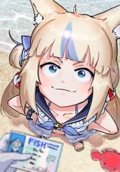  1girl 1other animal_ears beach blonde_hair blue_eyes blue_hair cat_ears crab dress gawr_gura gawr_gura_(1st_costume) highres holding_id_card hololive hololive_english indie_virtual_youtuber kaniki_(sameko_saba) lifebuoy_hair_ornament long_hair low_twintails multicolored_hair sameko_saba sand sleeveless sleeveless_dress smile twintails two-tone_hair very_long_hair virtual_youtuber water white_dress yaroslavee 