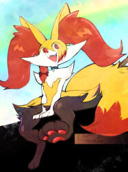 1girl :3 animal_collar animal_ear_fluff animal_ears animal_feet animal_nose artist_name blonde_hair blue_background bow braid braixen breasts collar colored_tips dated eyes_visible_through_hair fangs feet female_focus fox_ears fox_girl fox_tail full_body furry furry_female gen_6_pokemon hair_bow hair_over_one_eye happy leg_up looking_at_viewer mismatched_pupils multicolored_hair nintendo open_mouth own_hands_together pawpads pokemon pokemon_(creature) red_bow red_eyes red_hair red_pupils short_hair signature single_braid sitting small_breasts smile snout solo tail thwillartz toes twitter_username two-tone_hair v_arms wide-eyed wide_hips
