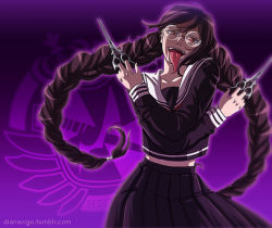  10s 1girl braid brown_hair danganronpa_(series) danganronpa:_trigger_happy_havoc fukawa_toko genocider_shou glasses hatoko-sama long_tongue open_mouth red_eyes school_uniform scissors serafuku smile spoilers tongue tongue_out twin_braids 