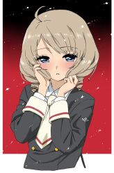 1girl ahoge blue_eyes blush cardcaptor_sakura cardcaptor_sakura_clear_card_arc grey_hair looking_at_viewer parted_lips ringlets school_uniform shinomoto_akiho solo tomoeda_middle_school_uniform upper_body wakaho_riku 