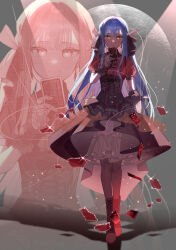  1girl ave_mujica_(bang_dream!) bang_dream! bang_dream!_it&#039;s_mygo!!!!! black_skirt blue_hair broken_glass card full_moon glass highres moon oblivionis_(bang_dream!) ribbon skirt spotlight togawa_sakiko yellow_eyes yojeong_dimseom 