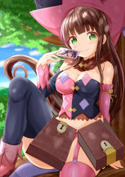  1girl asymmetrical_legwear asymmetrical_sleeves bare_shoulders black_thighhighs blue_sky blush boots breasts brown_hair cleavage closed_mouth cloud commentary_request cosplay day detached_sleeves female_focus fur_trim garter_straps gochuumon_wa_usagi_desu_ka? green_eyes groin hand_up head_tilt highres holding keyhole large_breasts lock long_hair long_sleeves looking_at_viewer magilou_(tales) magilou_(tales)_(cosplay) mismatched_legwear mismatched_sleeves multicolored_shirt outdoors pink_boots pink_thighhighs satou_satomi sitting sky solo strapless tales_of_(series) tales_of_berseria tedeza_rize thighhighs ujimatsu_chiya very_long_hair voice_actor_connection xenon_(for_achieve) 