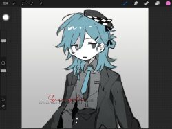  1girl art_program_in_frame black_eyes black_hat black_jacket black_ribbon blue_hair blue_necktie braid chinese_commentary collared_shirt colored_skin commentary_request cowboy_shot grey_background grey_eyes grey_shirt hair_between_eyes hair_ornament hair_ribbon hairclip hat heterochromia highres jacket jacket_on_shoulders jin_fang_jintian_gu_le_ma jitome long_hair mole mole_under_eye multiple_moles necktie no_nose open_mouth original procreate_(medium) procreate_(software) ribbon sample_watermark shirt simple_background solo upper_body watermark white_skin 