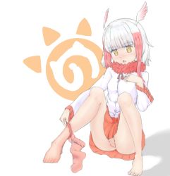  10s 1girl aporon_(qqsa8n39n) bird_wings blush breasts buttons chestnut_mouth clothes_pull eyebrows feet female_focus frilled_sleeves frills gradient_hair head_wings japanese_crested_ibis_(kemono_friends) japari_symbol kemono_friends loli long_sleeves multicolored_hair no_panties no_pussy open_mouth pantyhose pantyhose_pull pleated_skirt red_hair red_pantyhose shirt simple_background sitting skirt small_breasts solo spread_legs string_pull two-tone_hair undressing upskirt white_background white_hair white_shirt white_wings wings yellow_eyes  rating:Explicit score:20 user:2hu4u