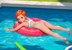 1girl alkemanubis ass barefoot ben_10 cartoon_network feet female_focus green_eyes gwen_tennyson hair_ornament hairclip highleg highleg_one-piece_swimsuit highres innertube loli looking_at_viewer looking_back lying on_stomach one-piece_swimsuit orange_hair pool short_hair smile solo swim_ring swimsuit water wedgie rating:Questionable score:796 user:dmysta3000