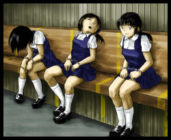 3girls bdsm bondage bound brown_eyes brown_hair child closed_eyes cuffs female_focus gin-nasu-en glasses handcuffs highres multiple_girls school_uniform sitting rating:Sensitive score:38 user:lkjh098