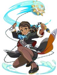  1girl arms_up artist_request ball_and_chain_(weapon) black_jacket black_shoes black_skirt blue_bow blue_bowtie blush bow bowtie breasts brown_eyes brown_hair brown_pantyhose buttons dark-skinned_female dark_skin dreadlocks earrings female_focus formal_clothes full_body grey_vest highres holding holding_weapon jacket jewelry light_blush long_sleeves looking_at_viewer medium_breasts medium_hair miniskirt multicolored_hair non-web_source official_art on_one_knee open_mouth pantyhose pencil_skirt sharon_(world_flipper) shirt shoes simple_background skirt skirt_suit solo striped_bow striped_bowtie striped_clothes striped_neckwear striped_pantyhose suit teeth transparent_background twintails two-handed two-sided_fabric two-sided_jacket two-tone_hair vest waist_cape water weapon white_shirt world_flipper  rating:Sensitive score:13 user:AngryZapdos