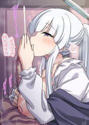  1boy 1girl blue_archive breasts breasts_out covering_own_mouth cum ejaculation erection fellatio garukichi half-closed_eyes handjob highres huge_breasts implied_fellatio kissing_penis large_breasts large_penis looking_at_viewer nipples noa_(blue_archive) noa_(pajamas)_(blue_archive) oral penis ponytail pov projectile_cum puffy_nipples purple_eyes white_hair 