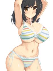  absurdres armpits arms_on_head asuka_(senran_kagura) between_breasts blush bra breasts brown_eyes brown_hair cleavage hair_tie_in_mouth highres kumako_(kumakonoh) lace lace-trimmed_bra lace_trim large_breasts looking_at_viewer mouth_hold multicolored_bra senran_kagura underwear underwear_only 