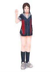  1girl brown_eyes brown_hair copyright_request female_focus full_body highres long_hair open_mouth sara_manta shorts smile solo tagme white_background  rating:Sensitive score:5 user:Tototodile