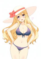  adversarial_noise bare_arms bare_shoulders bikini blonde_hair blue_bikini blue_eyes breasts cleavage flower gluteal_fold halterneck hands_on_own_hips hat heart highres hitorilily k-on! kotobuki_tsumugi large_breasts large_hat long_hair looking_at_viewer midriff narrow_waist open_mouth red_flower simple_background smile string_bikini sun_hat swimsuit thick_eyebrows thigh_gap thighs white_background wide_hips 