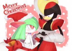  bell bisharp black_eyes bow colored_skin creatures_(company) fake_horns game_freak gen_3_pokemon gen_5_pokemon green_hair hat helmet highres horned_helmet horns kirlia merry_christmas nintendo pink_eyes pokemon pokemon_(creature) pua9280 red_bow red_hat sack santa_hat sidelocks smile white_skin 