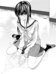 1girl absurdres black_hair blush collarbone embarrassed female_focus hallway highres indoors long_hair mitaray monochrome pee pee_stain peeing peeing_self pleated_skirt puddle school_uniform sitting skirt slippers socks tearing_up wariza wet wet_clothes wet_skirt rating:Questionable score:12 user:MonsieurCinq