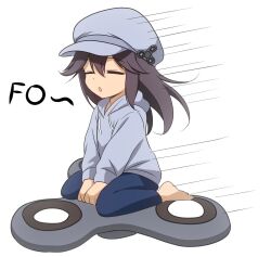  1girl :o black_hair blue_pants cabbie_hat closed_eyes commentary_request curakuru curakuru_(character) double-parted_bangs fidget_spinner full_body grey_hat grey_hoodie hair_between_eyes hat hat_ornament hood hood_down hoodie long_hair long_sleeves motion_lines original pants parted_lips riding sidelocks simple_background sitting solo speed_lines wariza white_background 
