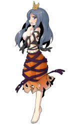  1girl :o bare_shoulders barefoot black_ribbon blue_hair breasts chirizuka_ubame clenched_hand commentary_request crop_top dairi from_side full_body hand_on_own_chest highres large_variant_set light_blush long_hair looking_at_viewer medium_breasts navel open_mouth orange_skirt purple_eyes purple_ribbon ribbon ribbon_around_body simple_background skirt solo standing standing_on_one_leg stomach tachi-e tank_top tiara touhou transparent_background variant_set white_tank_top wide-eyed 