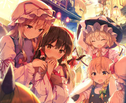  6+girls :o ^_^ alternate_headwear arm_ribbon arm_up ascot bare_shoulders black_hair black_headwear black_neckwear black_vest blonde_hair blue_eyes blue_hair blush bobby_socks bow braid brown_eyes building carrying closed_eyes detached_sleeves dress fang flandre_scarlet food frilled_bow frilled_shirt_collar frilled_sleeves frills from_behind gap_(touhou) green_bow green_eyes green_hair hair_between_eyes hair_bow hair_tubes hakurei_reimu hand_on_headwear hat hat_bow unworn_hat hat_ribbon unworn_headwear highres holding holding_food horn_ornament horn_ribbon horns ibuki_suika juliet_sleeves kagiyama_hina kawashiro_nitori kirisame_marisa komano_aunn lantern light_purple_hair long_hair long_sleeves looking_at_another looking_at_viewer mob_cap mononobe_no_futo multiple_girls neck_ribbon nose_blush one_side_up oni oni_horns open_mouth paper_lantern piggyback pink_headwear pointy_ears pom_pom_(clothes) portrait puffy_short_sleeves puffy_sleeves purple_eyes purple_ribbon red_bow red_ribbon red_vest remilia_scarlet ribbon ribbon-trimmed_sleeves ribbon_trim shirt shnva short_hair short_sleeves sidelocks silver_hair single_braid single_horn smile socks soga_no_tojiko tabard tate_eboshi touhou upper_body vest white_bow white_dress white_headwear white_legwear white_shirt wide_sleeves window witch_hat wrist_cuffs yakumo_yukari yellow_eyes yellow_neckwear  rating:Sensitive score:9 user:Stalky