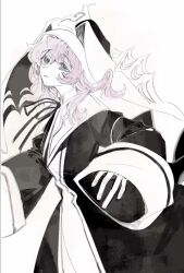 1girl closed_mouth cowboy_shot dress expressionless greyscale highres koumajou_densetsu long_hair long_sleeves monochrome neck_ribbon pink_hair puritan_collar ribbon saigyouji_yuyuko simple_background sleeves_past_wrists solo spot_color touhou veil white_background wide_sleeves xian_qishui 