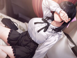  1girl bag banknote bed black_hair black_skirt black_socks blurry blurry_background blush canopy_bed closed_mouth collarbone covering_own_eyes dress_shirt hair_ribbon handbag highres indoors long_sleeves money on_bed original pillow ribbon shirt sidelocks sitting skirt smile socks solo super_nagoyaka sweat wariza wet white_shirt 